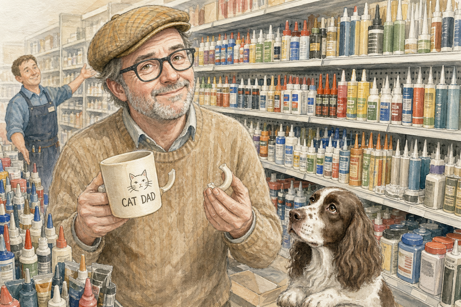 Mike dans un rayon rempli de colles, tenant sa tasse Cat Dad dont seule l’anse est cassée, sous le regard de son chien.