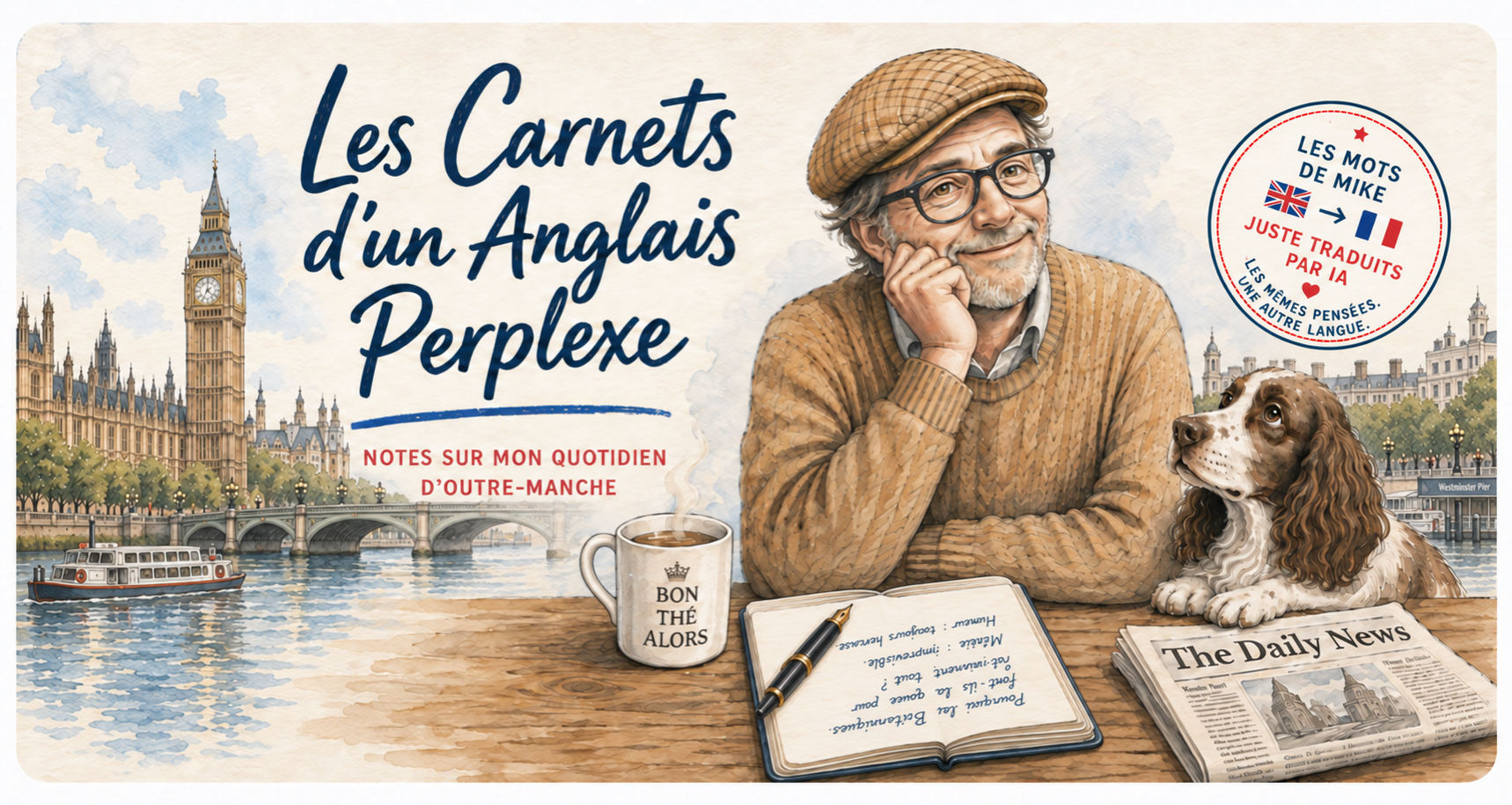 Les Carnets d'un Anglais Perplexe — Mike et son chien devant Londres et la Tamise, avec une tasse de thé, un carnet et le sceau Les mots de Mike, juste traduits par IA