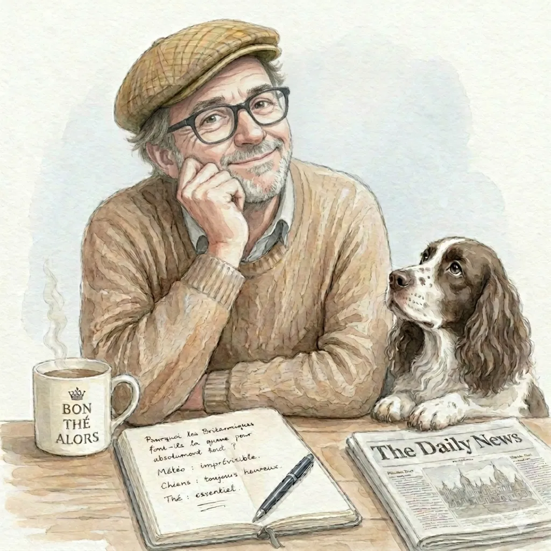 Portrait à l'aquarelle de Mike, accompagné de son chien, devant une tasse de thé et un carnet